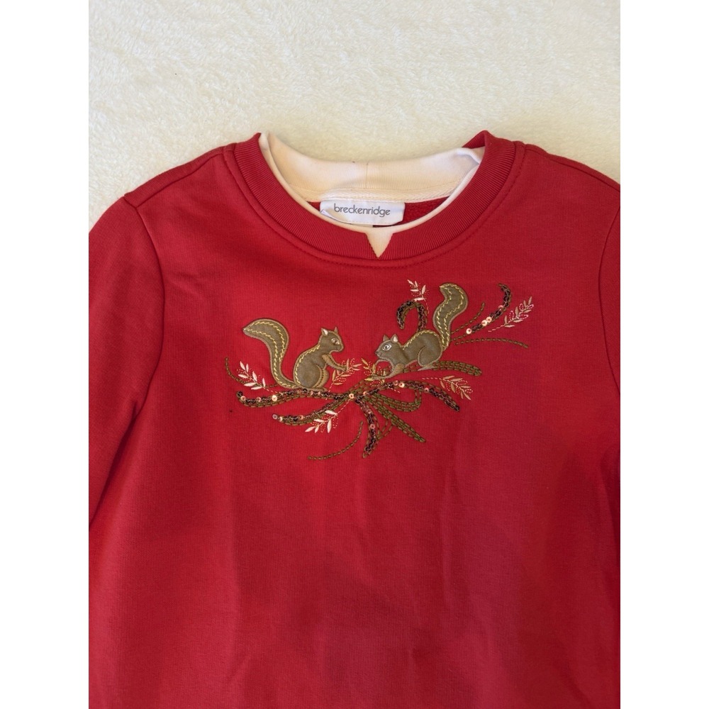 Vintage Winter Animals Squirrels Pullover Double‎ Collared Sweatshirt Small Red